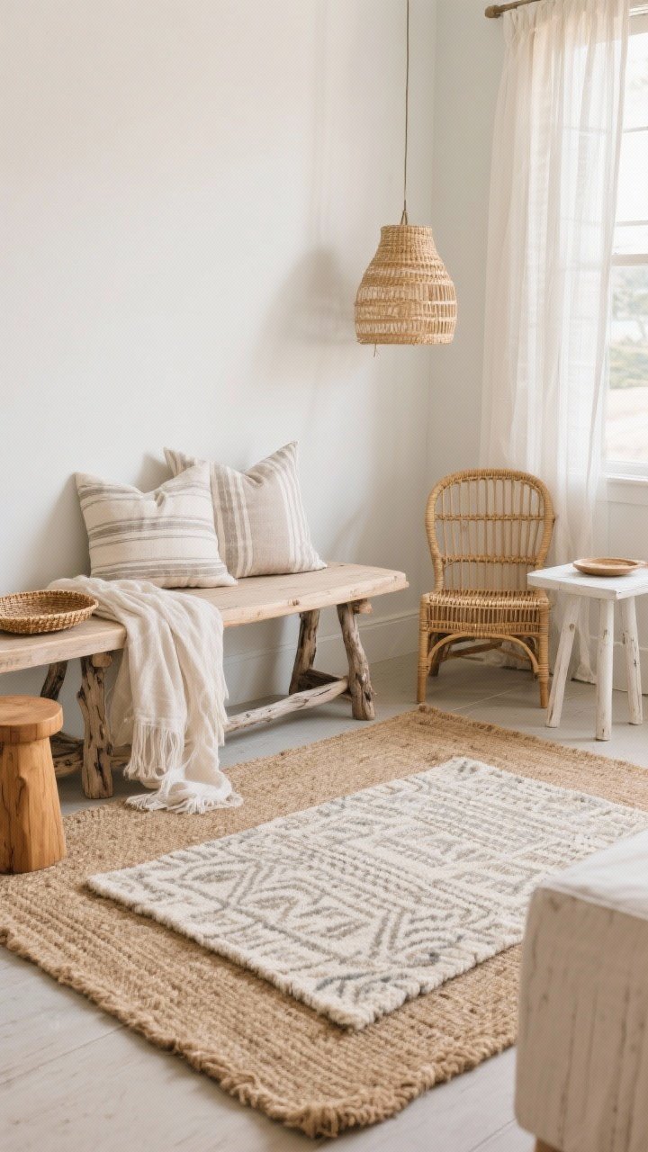 Medium corner angle of a beach-house-inspired texture vignette: layered jute rug with a small patterned flatweave wool rug on top; a driftwood-toned light wood bench with gauzy linen throw casually draped; mix of linen and cotton throw pillows with soft stripes and seersucker texture; nearby rattan cane-back chair, whitewashed side table, and honey oak stool; sheer linen window panels letting in soft natural light; woven rattan pendant partially visible above; subtle wicker tray on the stool; focus on the tactile mix—jute, linen, cotton, rattan, cane, whitewashed wood—photorealistic, no people.
