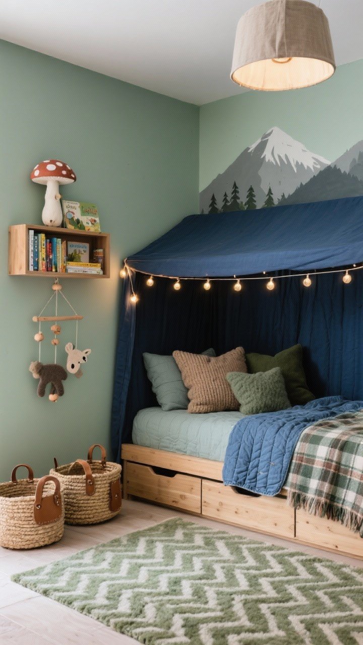 Medium corner angle of a cozy reading nook in a kids’ room with dusty sage green walls and a subtle mountain silhouette mural in soft gray and deep inky blue on the adjacent wall. Low-profile oak bed with storage drawers partially visible; a mushroom-toned bookcase filled with storybooks. An inky blue canopy creates a snug nook with string lights tucked underneath, glowing warmly. Textiles include flannel check sheets in sage, a quilted denim-blue coverlet, and knit throw pillows in taupe and forest green. Layered textures: a wool rug with a subtle herringbone pattern, felted woodland animal mobile hanging nearby, and woven baskets with leather handles on the floor. Warm linen drum ceiling light out of frame adding soft ambient illumination. Calm, nature-inspired, photorealistic.