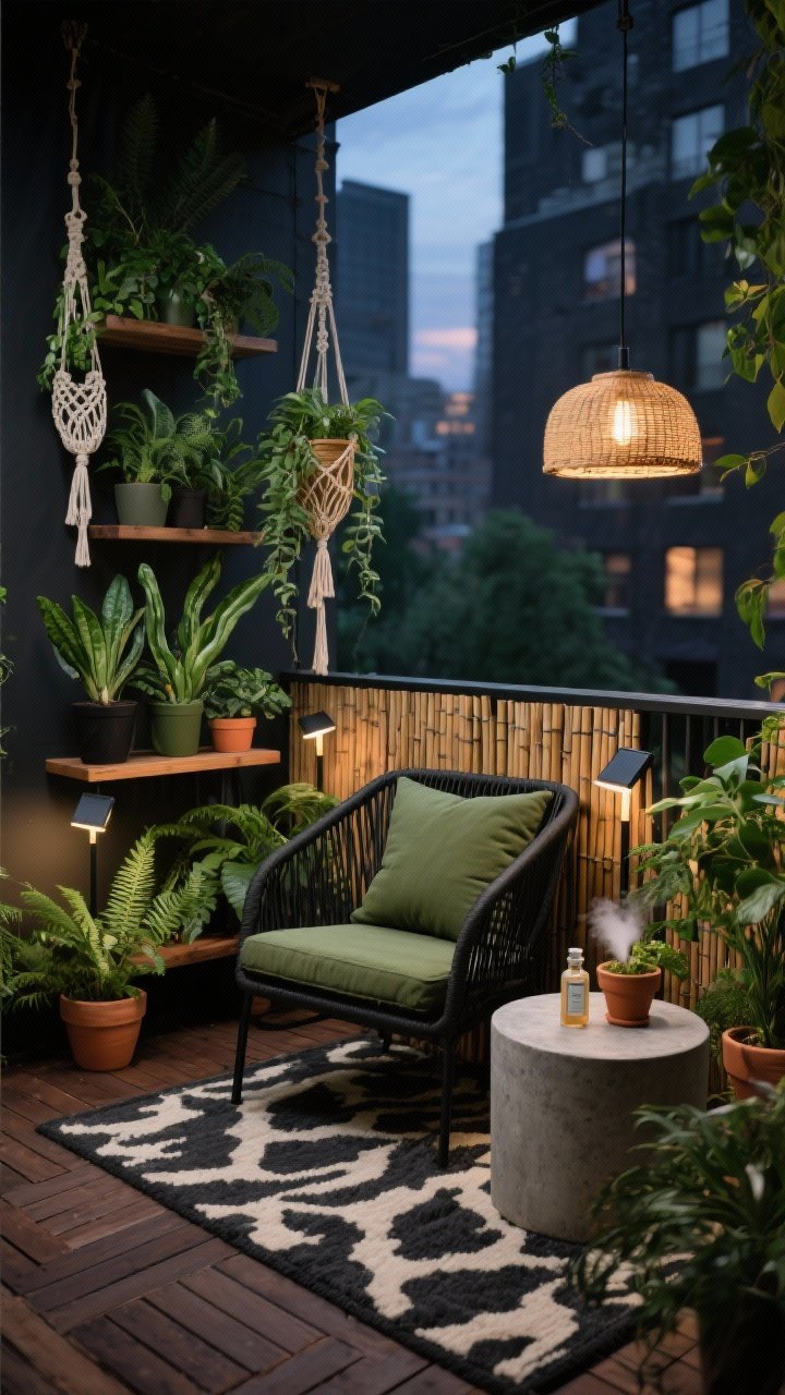 Medium corner angle of an “Urban Jungle Hideaway” balcony at dusk: dark-stained wood deck tiles under a charcoal-and-cream patterned outdoor rug; a low black metal lounge chair with thick olive green cushions beside a compact round concrete side table (also acting as a plant pedestal). Layered greenery everywhere—tiered stands with snake plants, zz plants, ferns, pothos; macramé hanging planters with trailing vines framing the seat; a bamboo reed screen along the railing for privacy. Solar stake lights tucked into planters and a rattan pendant with a battery bulb glowing softly. Accents: textured outdoor pillows, terracotta pots, tiny misting bottle on the table. Colors: deep greens, charcoal, natural wood, hints of terracotta. Lush, immersive, photorealistic.