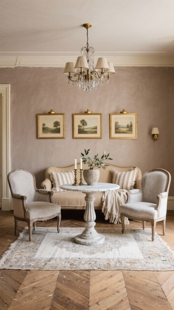 Medium detail vignette, French Farmhouse neutrals: muted mushroom walls with creamy trim, mid-tone oak chevron floor. Beige linen camelback settee flanked by two classic bergère chairs in stone upholstery with weathered wood frames. Between them, an antique pedestal table with a round marble top (soft gleam). On the wall above: trio of vintage landscape prints in antique gold frames with brass picture lights. Styling: striped grain-sack pillows, a ruffled linen throw, carved candlesticks, and a stone urn with olive branches. Faded Persian rug in ivory, taupe, and dove gray underfoot; distressed wood chandelier with linen shades visible overhead. Palette whispers ecru, dove, parchment, fog; romantic, collected charm; photorealistic, slightly angled perspective.