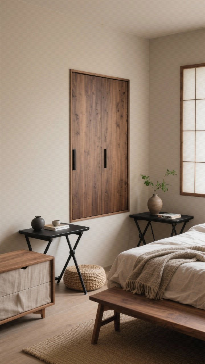 Medium, serene Japandi bedroom corner with warm greige walls, smoked oak, and soft black accents. Show a wardrobe-style murphy bed closed, appearing as a vertical wood-grain cabinet with slim black pulls; adjacent, two matte-black folding tray tables acting as nightstands with ceramics and a book. Include a low folding tatami bench at the foot area with a woven floor cushion, and a collapsible fabric dresser with oak frame nearby. Style with undyed flax linen bedding folded on the bench, a textured wool throw, a single ceramic vase with a green sprig, and a folding paper shoji screen partially creating a dressing nook. Gentle, diffused lighting; minimalism with warmth; photorealistic.