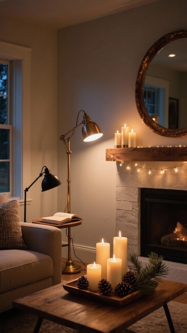 Medium shot: A dim, cozy living room corner with a layered lighting trio—an antique brass floor lamp with a 2700K warm white bulb for ambient light, a matte black swing-arm task lamp beside a sofa for reading, and a cluster of LED taper candles and pillar candles on a mantle; candles grouped 3–5 on a wooden tray with pinecones and a sprig of cedar; mirror placed behind the lamp and candle cluster to double the glow; string lights subtly draped along a shelf; finishes in bronze and warm wood, no harsh overhead light; photorealistic, evening mood, no people.