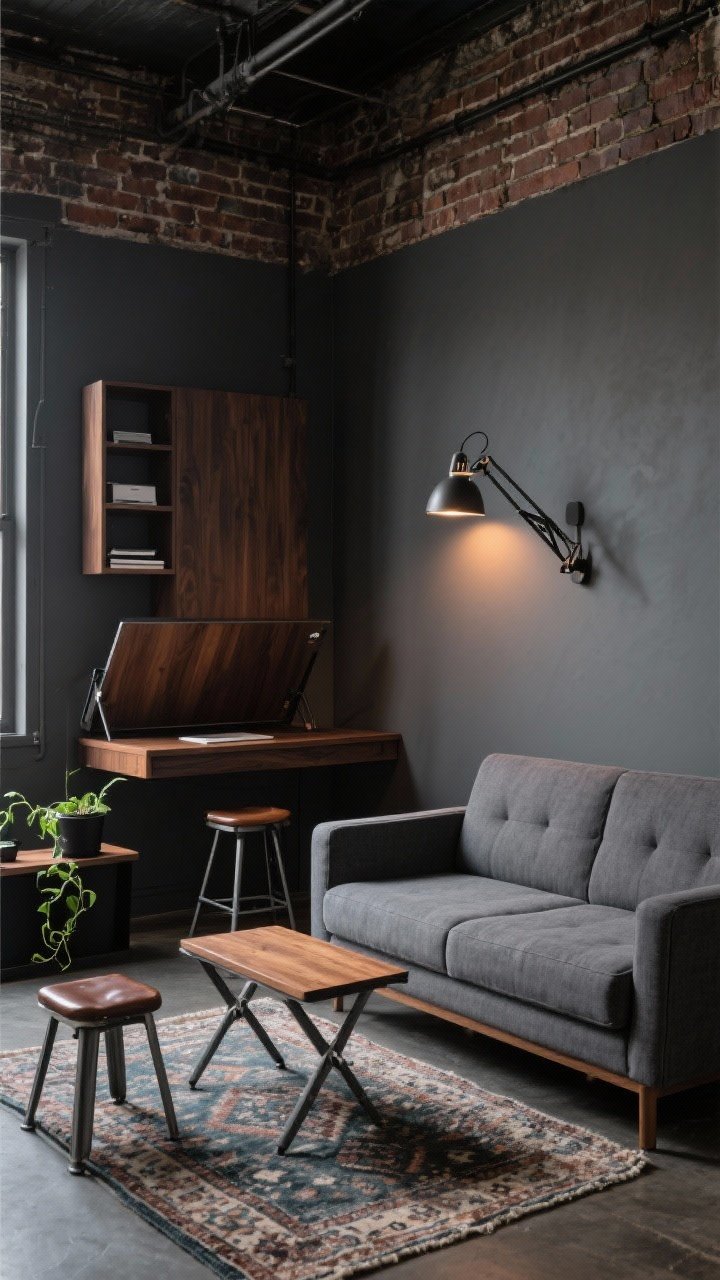 Medium shot from a corner angle, industrial micro-loft with moody cinematic vibe: charcoal gray walls, a span of exposed brick, and dark walnut tones. Feature a murphy desk panel flipped down into a sturdy work surface with built-in cubbies holding notebooks and tech, lit by a folding scissor-arm wall sconce. Include a graphite performance-fabric fold-out sleeper loveseat with squared arms, a metal-framed folding coffee table with walnut top, and two steel folding stools with leather tops tucked under a console. Add a distressed kilim rug and matte black planters with trailing pothos. Low, dramatic lighting with pools of warm light; compact, grime-chic, photorealistic.