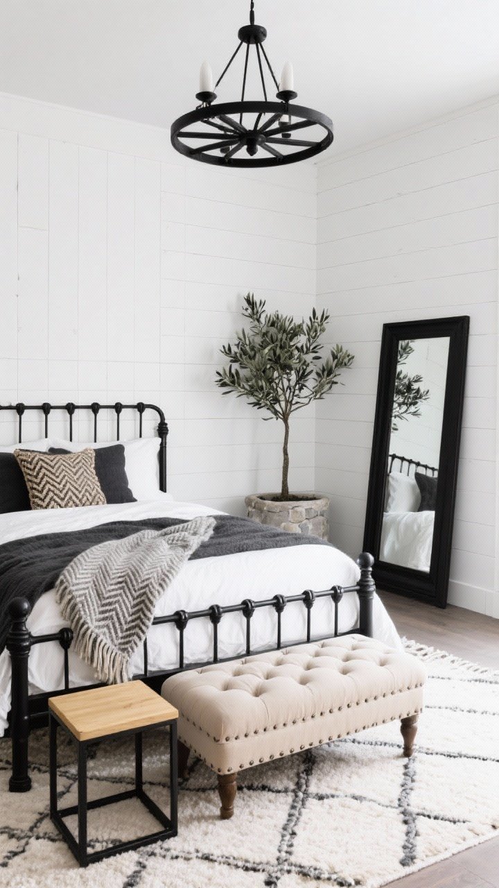 Medium shot, Modern Farmhouse Monochrome bedroom corner: crisp white vertical shiplap walls, black-painted spindle bed as focal point with charcoal and greige throw blankets (herringbone and basketweave textures) layered over ivory bedding. At the foot, a tufted oatmeal ottoman; nearby, square open black metal side table with blonde wood top. A matte black wagon-wheel chandelier overhead, and a black-framed floor mirror leaning to one side. Plush low-pile rug with subtle geometric ivory-and-stone pattern underfoot. A single olive tree in a stone planter as purposeful greenery. High-contrast yet cozy; clean editorial feel; photorealistic, angled corner perspective.