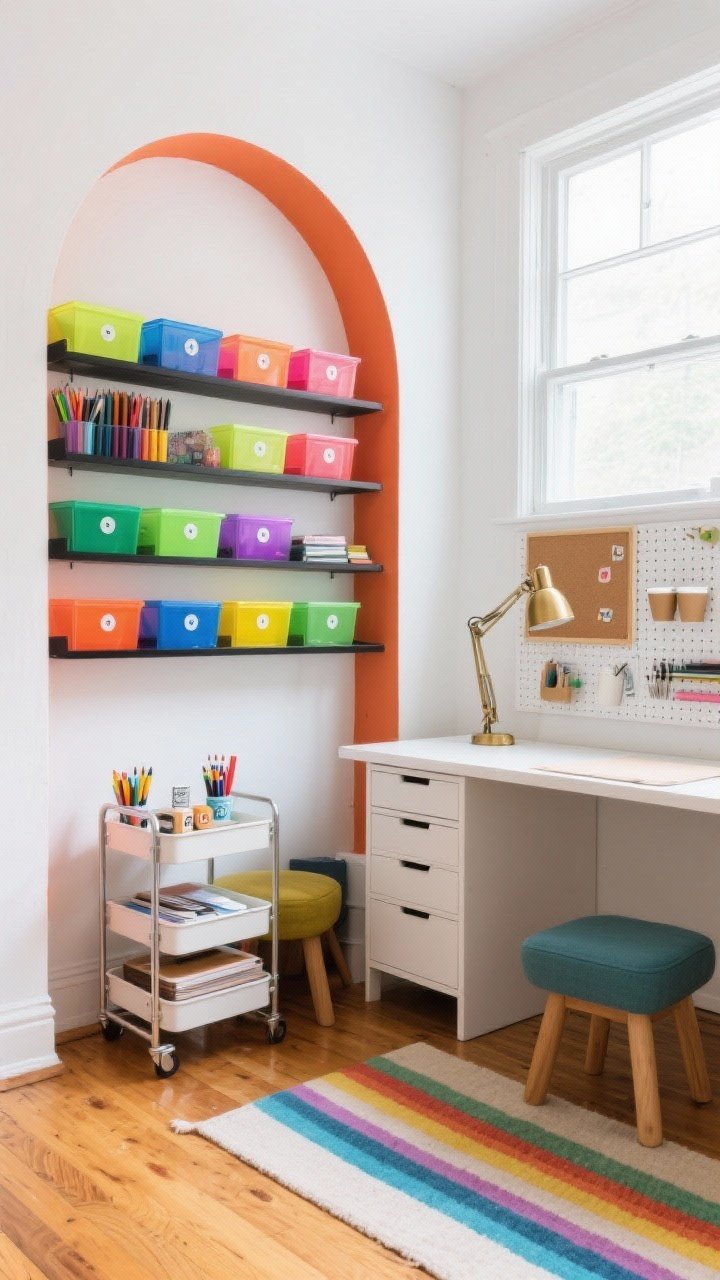 Medium shot, Modern Rainbow Maker’s Studio: A crisp white wall featuring a half-painted terracotta arch framing a petite desk station with a white Parsons craft table (drawers visible); honey oak floor with a washable rug in subtle rainbow stripes; a grid of color-coded acrylic bins on matte-black shelves—neon for art supplies, pastels for crafts, primaries for building sets—each with magnetic label dots; a slender rolling cart tucked under the desk with glue sticks, stamps, and paper; storage ottomans by the window; brass task light, corkboard gallery rail, and pegboard with hooks and cups; bright natural window light, creative yet tidy studio vibe, photorealistic.