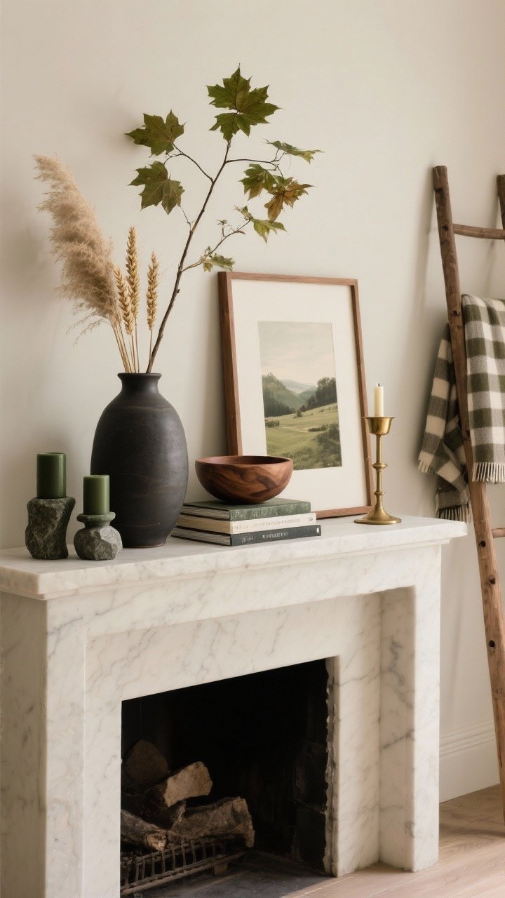 Medium shot of a chic nature-forward vignette on a mantel: heavy charcoal ceramic vase holding tall maple branches; dried elements—pampas grass and wheat—in a smaller clay vessel; raw-edge walnut wood bowl and marble catchall on stacked books; stone candleholders in deep moss tones. Art is layered: a landscape print leaned against the wall with a smaller frame overlapping; a restrained palette of walnut, clay, charcoal, and moss; single metallic tone (antique brass) in a small frame for cohesion. A folded gingham/plaid throw in muted tones rests on a nearby ladder. Soft, warm lighting, straight-on view for a curated, quiet luxury mood.