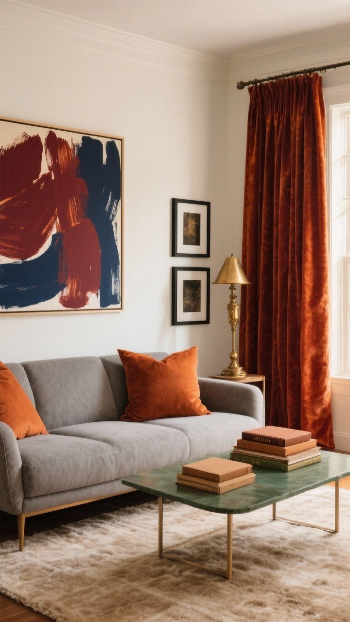 Medium shot of a fall-toned living room color palette styled by the 60/30/10 rule: cream walls and soft gray sofa with a light taupe rug (60%), rust velvet curtain panels and terracotta pillows (30%), and high-impact art with abstract brushstrokes in burgundy and midnight blue above the sofa (10%). Antique brass floor lamp and matte black picture frames mix subtly; a stack of books with camel and clay covers on the coffee table; secondary accents in sage and camel. Warm, golden-hour lighting, slight corner angle to show depth, seasonless but cozy mood, no orange overload.