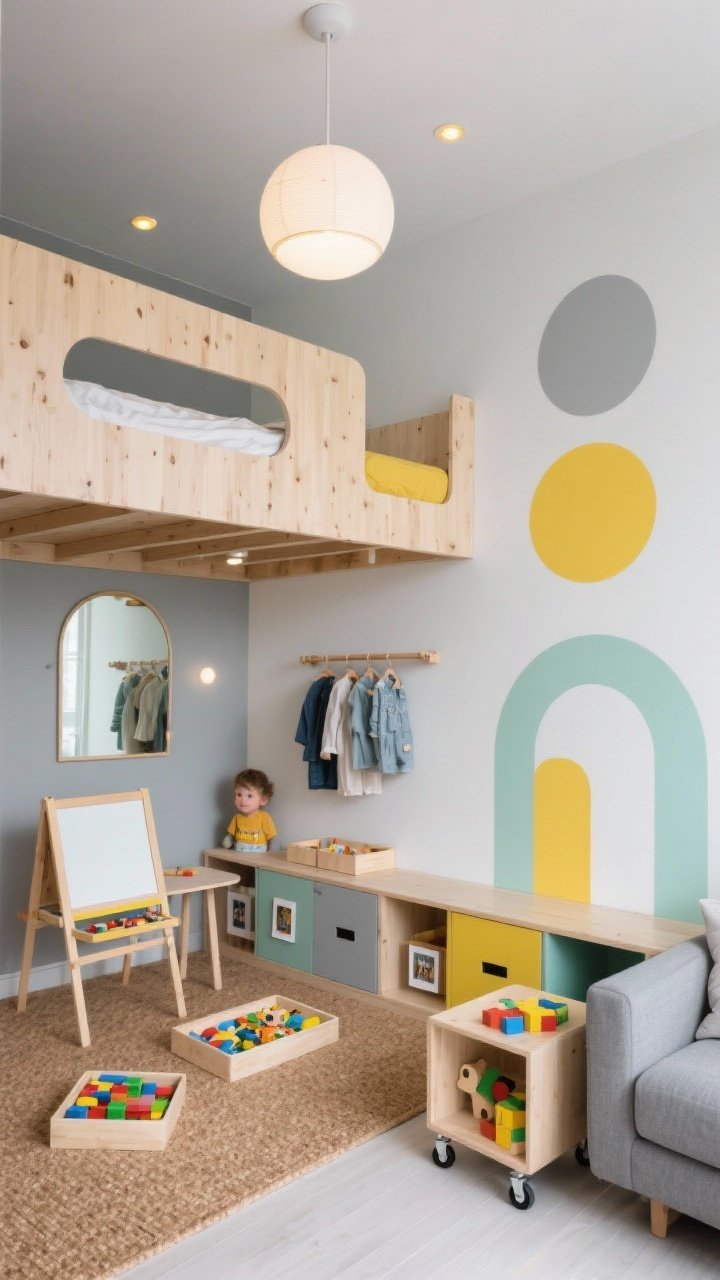 Medium shot, photorealistic: Modern Montessori play loft with sleek Scandinavian style. Palette of natural wood, cloud gray, butter yellow with mint accents. Birch plywood loft bed with rounded cutout railing; beneath it, a play zone featuring a table-to-easel flip station and open cubbies with picture-labeled trays for blocks and puzzles. Cork tile flooring for soft, quiet landings. Low shelf wall, floor-length mirror at child height, mini wardrobe with open rods and neatly hung outfits. One wall with large geometric decals—circles and arches in mint and yellow. Dimmable globe pendant overhead and stick-on LED puck lights under the loft. Modular gray floor sofa tucked nearby, and a rolling toy cart. Clean, intentional, kid-powered atmosphere, straight-on view emphasizing child-height accessibility.