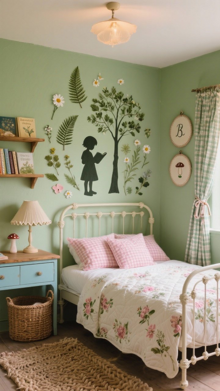 Medium shot, slight corner angle of the “Botanical Storybook Cottage”: soft moss-green walls with a DIY pressed-flower and silhouette mural—delicate sealed fern fronds, tiny daisies, and petals arranged around a charcoal-painted silhouette of a child reading beneath a simple tree; protected with a clear matte topcoat. A cream wrought iron spindle bed layered with quilted florals and rosy-pink gingham pillows, a braided wool rug underfoot, and a petite duck egg blue dresser. Rattan wall shelves holding mini storybooks, a scalloped lampshade on a bedside table, and gingham curtains with tie-backs. Above the desk, handmade embroidery hoops with stitched initials and tiny mushroom motifs. Warm, cozy lighting with gentle highlights on botanical textures; photorealistic, cottage-charm details.