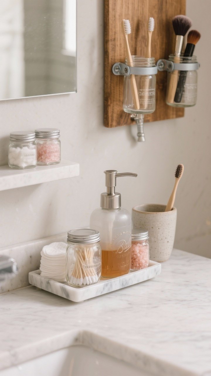 Medium, straight-on bathroom counter and wall: spa-like bathroom with a marble tray holding three mason jars—cotton rounds, cotton swabs, and bath salts—matching painted or stainless lids; one jar converted to a metal-pump soap dispenser; frosted etched-style labels on glass for a calm look; silicone rings evident on lids for steam-proof sealing; above, a wall-mounted stained wood board with hose clamps securing jars used for toothbrushes and makeup brushes; a ceramic cup nested inside one jar to elevate brushes for drainage; neutral palette with clear, amber, and soft pink liquids in tiny jars on an open shelf; soft, steam-kissed lighting, stainless or painted lids to avoid rust.