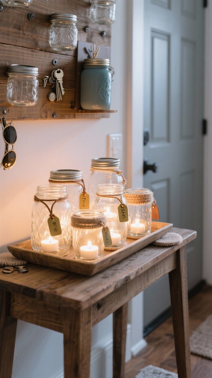 Medium, straight-on entryway vignette: a wooden console table by the front door styled with a clustered tray of mixed-height mason jar lanterns containing warm-white LED tea lights; some jars have frosted interiors (matte Mod Podge look) for diffused glow, others are clear; jar rims wrapped in jute and leather cords with small brass tags; adjacent jars labeled for keys, sunglasses, and spare change; a mounted wood board above with jar lids screwed on and clear jars twisted in for grab-and-go storage; a magnetic strip detail inside one lid catching paper clips; one painted jar mixed with clear jars for contrast; felt pads peeking under jar bases; soft evening lighting with warm ambient glow, natural textures of wood, jute, brass, and matte glass, no people.