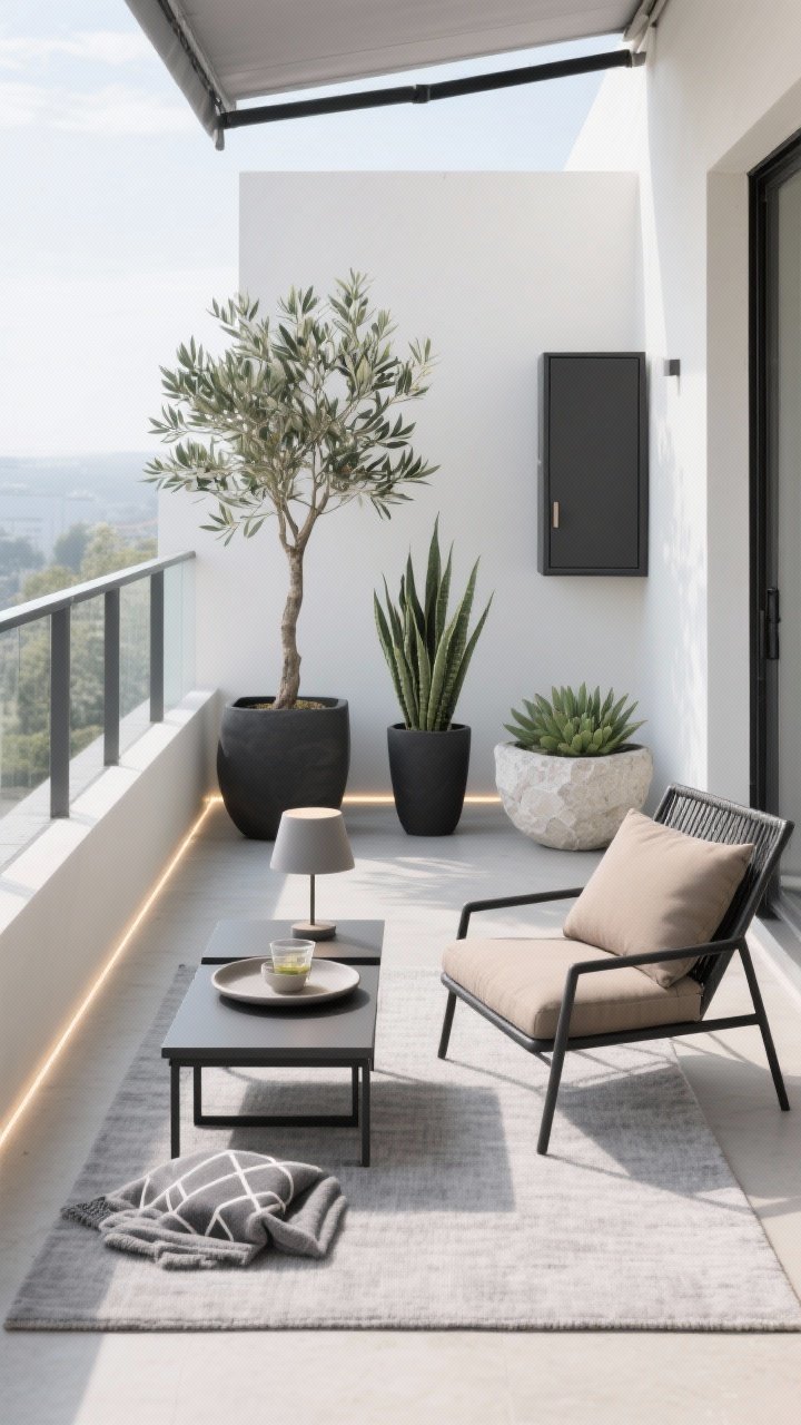 Medium straight-on shot of a “Minimal Modern Sundeck” balcony in bright daytime: smooth light-gray outdoor rug, a slim black powder-coated metal lounge chair with taupe cushions, and a rectangular nesting table set partially slid together with a matte ceramic tray for drinks. Three sculptural plants: tall olive tree in a matte planter, spiky sansevieria, and a low architectural succulent bowl; planters in matte black, stone, and off-white. Minimalist LED strip glow under the railing (subtle even in daylight) and a compact rechargeable table lamp on the top nesting table. A narrow wall-mounted cabinet for storage; optional sleek retractable shade edge visible above. Accents: graphite throw and a geometric outdoor cushion. Clean lines, calm palette (black, gray, taupe, off-white, soft green), photorealistic and clutter-free.