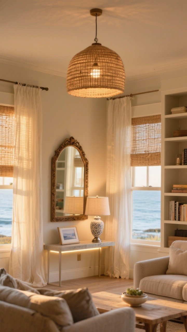 Medium, straight-on view emphasizing layered lighting that feels like golden hour: airy living-dining zone with sheer linen curtains glowing with warm daylight; a vintage-framed mirror placed across from a window bouncing light; overhead rattan pendant casting warm 2700–3000K glow; ceramic table lamp with linen shade on a console, brushed nickel base; picture light over a coastal photograph; subtle under-shelf LED strip on a bookcase; woven shades behind the sheers for privacy; heavy furniture pulled away from windows; overall warm, soft, romantic light—no cool blue LEDs; photorealistic, no people.
