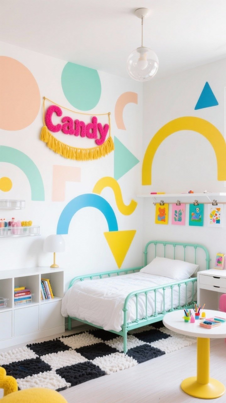 Medium-wide corner angle of the “Candy Pop Graphic Playground”: a white-walled kids’ room with a single feature wall bursting with oversized removable vinyl geometric decals—circles, arches, squiggles, triangles—layered in sherbet hues: poppy pink, apricot, mint, sunshine yellow, and sky/powder blue. A mint powder-coated rounded metal bed frame with crisp white bedding, a chunky checkerboard rug, and a playful bubble ceiling lamp. Low glossy-white cubby storage, clear acrylic book ledges, and a round café table as a craft station. Over the desk, a gallery rail with brightly painted clipboards displaying rotating art; above the bed, a giant DIY felt name banner with chunky yarn tassels. Bright, even daylight to emphasize bold yet orderly repetition of shapes; clean, photorealistic finish.