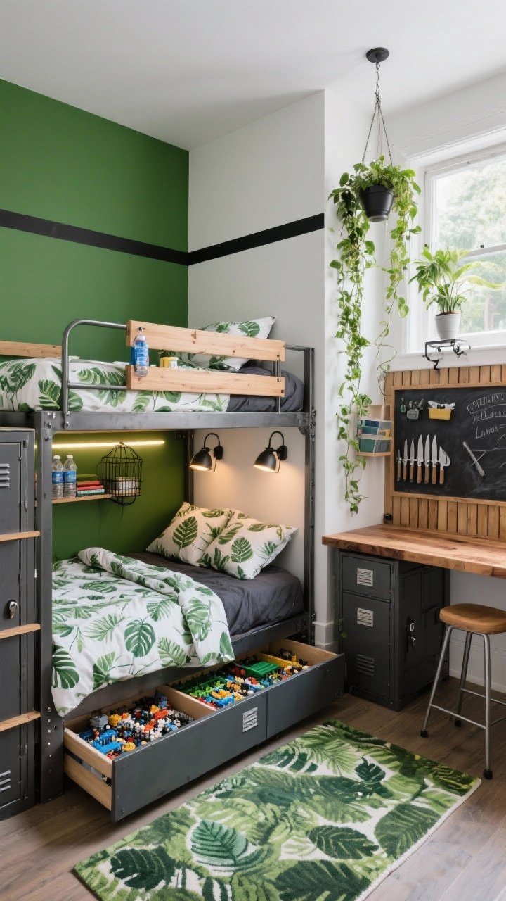 Medium/wide corner shot, photorealistic: Urban Jungle Bunk Lab for siblings. Walls painted moss green on the lower half, crisp white on upper half, divided by a skinny black stripe. Steel-framed bunk bed with wood accents; clip-on shelves hold water bottles and books. Under bottom bunk, a pull-out trundle drawer set up for LEGO/science storage. Opposite side: wall-to-wall workbench with butcher block top, magnetic knife strips neatly holding metal tools, and a slatwall with labeled bins. Locker-style wardrobe and cube shelf nearby. Textiles: leaf-print duvets, charcoal sheets, and a washable indoor-outdoor rug. Industrial cage sconces, under-shelf LED bars, and clip lights on bunks. Lush greenery—hanging planters at the window, a rolling plant stand, and faux vines climbing the bunk. A chalkboard panel on the closet door and a fold-down wall stool flush to the wall. Energetic urban-meets-nature feel, shot from an elevated corner perspective.