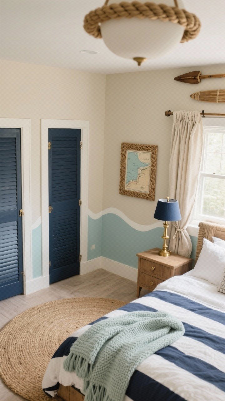 Overhead detail shot from above the bed-foot area: sand-colored walls with the lower half painted in seafoam using a wavy shoreline line; navy shutter-style closet doors visible along one edge. Whitewashed wood bed dressed in a striped navy-and-white duvet, topped with a seafoam knit throw folded at the foot. Sand-toned linen curtains with tie-backs along a window edge casting natural daylight. A round jute rug anchoring the scene; a rope-handled nightstand with a brass sconce sporting a navy shade on the wall. Decorative details: framed vintage beach map partially in frame, woven seagrass mirror glint, and a wall-mounted oar functioning as a hook rail. Rope-wrapped ceiling light out of focus above. Breezy coastal, photorealistic.