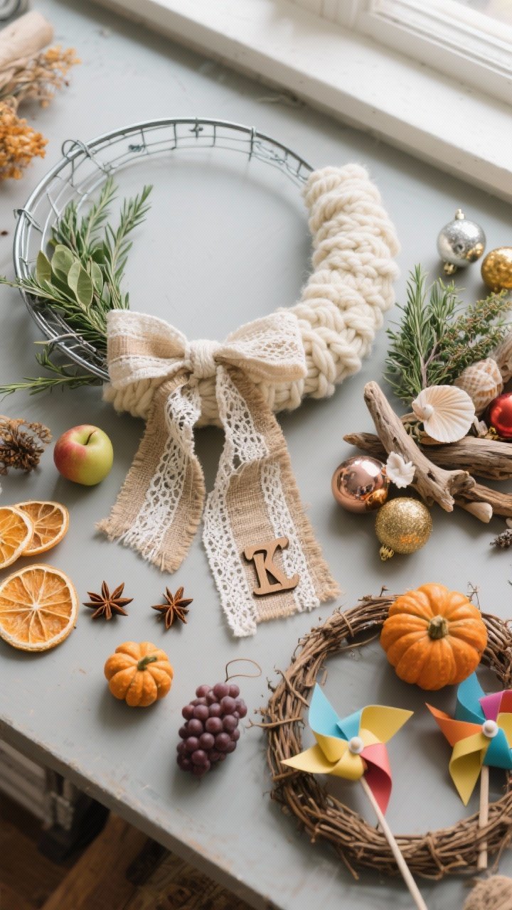 Overhead detail shot on a worktable showcasing creative materials and textures for unexpected wreaths. Arrange a wire hoop half-tied with ribbon strips for a fluffy ribbon-only wreath, a metal hoop partially wrapped in chunky cream yarn with a few contrasting green stems, a burlap-and-lace strip with a wooden monogram for rustic fall, a cluster of driftwood pieces and seashells with a linen bow for coastal summer, bundles of rosemary, bay, and thyme for an herb wreath, slices of dried oranges, apples, and star anise for winter/harvest, shiny ornaments of varied sizes near a foam ring, tiny faux pumpkins beside a grapevine base, and colorful paper pinwheels. Include sturdy foam and thick wire frames to imply weight considerations. Soft window light with gentle shadows; cohesive “color rule of three” groupings visible in small clusters.
