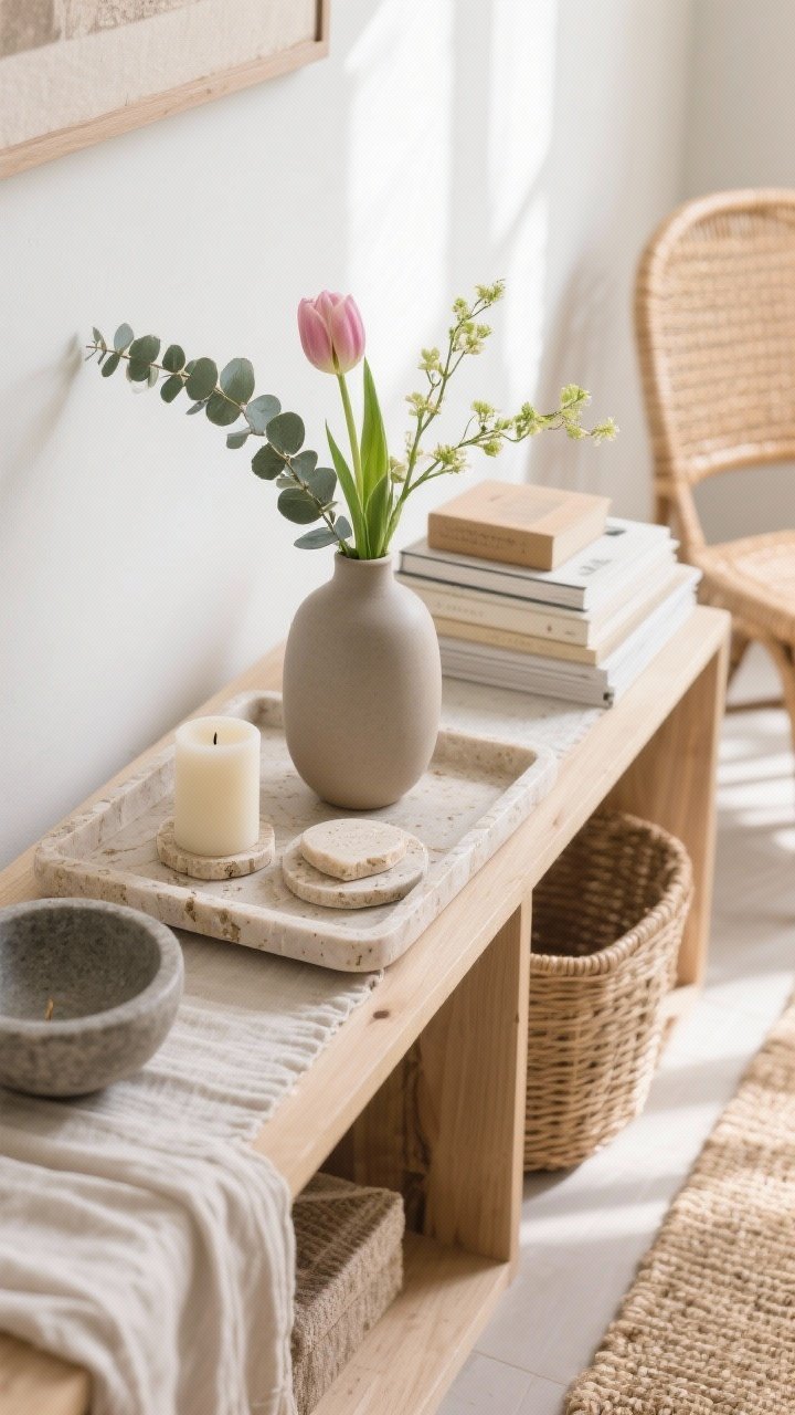 Photorealistic closeup detail of layered natural textures on a console vignette: pale oak tray holding a matte ceramic vase with tulips and eucalyptus, a spring candle, and a small stack of books; travertine coasters and a soapstone bowl nearby; background hints of a cane chair and wicker basket; light linen runner beneath; jute flatweave rug visible at the edge; bright, airy daylight with gentle shadows emphasizing texture, shallow depth of field, three-quarter angle.