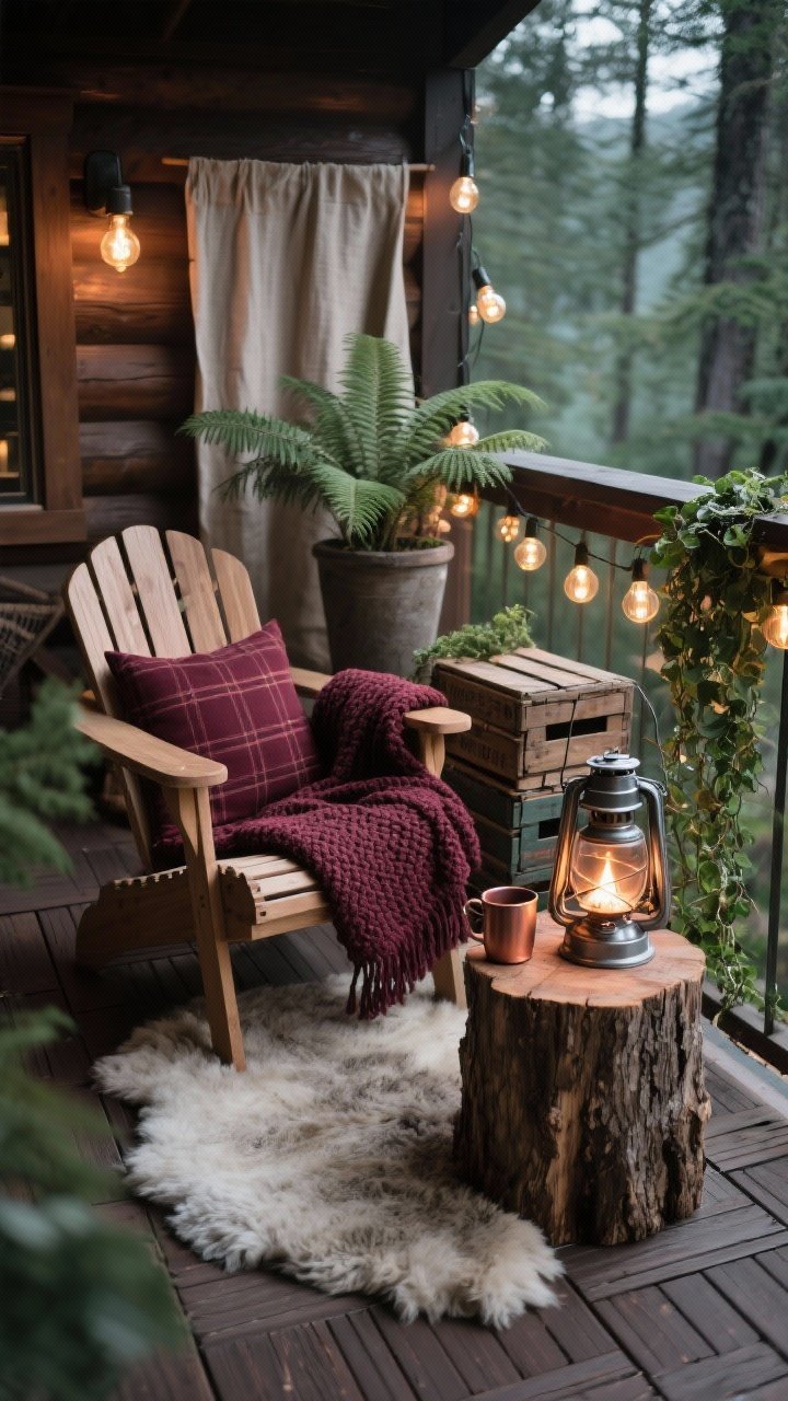 Photorealistic closeup/detail shot capturing cozy cabin balcony textures, angled from seating height. Outdoor-safe faux-wood deck tiles under a sheepskin-style rug; the edge of a compact Adirondack or acacia chair shows with a deep burgundy plaid cushion and a chunky knit throw. A stump-style stool side table holds a copper mug and a metal lantern with a flameless candle; nearby, stacked vintage crates add rustic storage. Greenery feels forest-like: a fern, trailing ivy, and a small conifer in a tall pot blur softly in the background. Edison bulb string lights warm the scene; excess bulbs tucked into a lantern for a faux fire glow. Optional canvas drop cloth curtain visible at edge for privacy. Snug, moody, fireside vibes, no people.