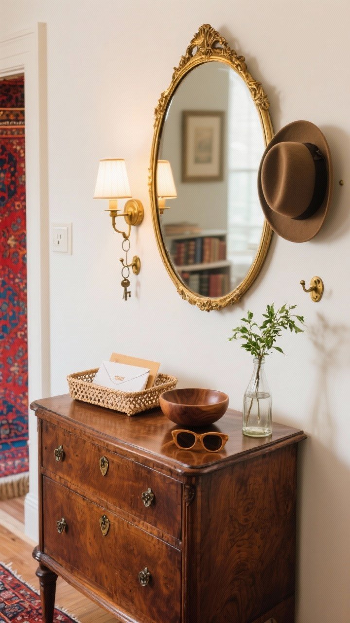 Photorealistic closeup detail shot for Vintage Charm: focus on the top of a narrow antique three-drawer dresser with rich walnut patina. Show an oval gilded mirror partially reflected above, with a petite library sconce or plug-in picture light casting a warm, flattering glow. On the dresser, a lace or cane tray neatly corralling mail, a hand-turned wooden bowl holding sunglasses, and a simple stem of greenery in a clear bottle. Edges of two tiny brass hooks on either side of the mirror with a key ring and a favorite hat hinted in frame. Background blur reveals a Persian-style runner in jewel-toned reds and blues. Palette: creamy ivory walls, aged brass, walnut, jewel tones. No people.