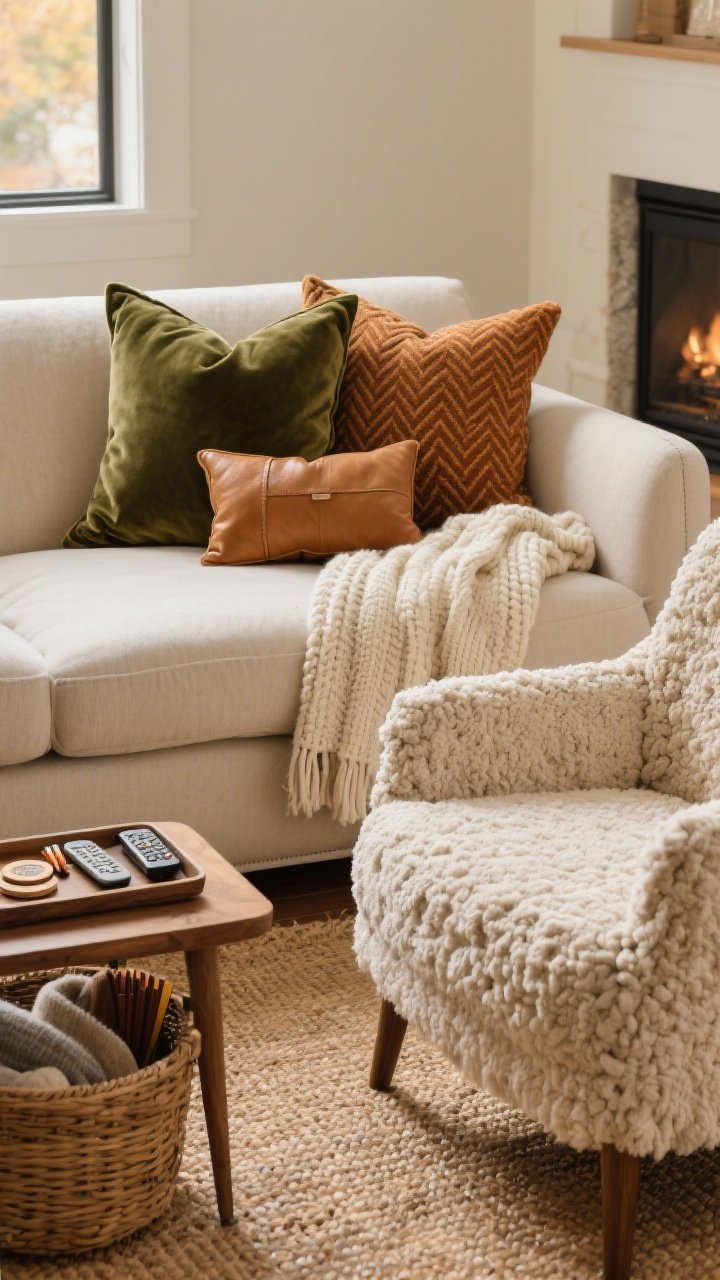 Photorealistic closeup detail shot of a neutral living room sofa styled for fall textures: two large 24" velvet pillows in deep olive at the back, layered with two 20" wool pillows in cinnamon herringbone, finishing with a small leather lumbar pillow in camel; a chunky knit throw in cream folded neatly over the sofa arm; boucle accent chair nearby with its own boucle texture as the hero; a jute rug underfoot, wicker basket by the fireplace holding extra throws; a small wood side table with a tray corralling remotes, coasters, and matches. Soft, warm natural light, shallow depth of field emphasizing the mixed textures, straight-on angle.