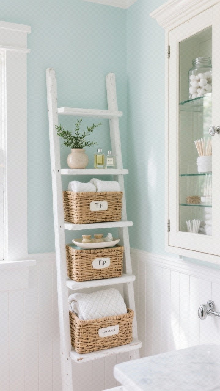 Photorealistic detail closeup of the “Cottage Shelf Ladder” storage vignette: soft white beadboard wainscoting with a simple ledge holding a small ceramic jar and a sprig of greenery; above, gentle seafoam-painted wall; satin-white leaning ladder-style shelving stacked with natural wicker baskets labeled for TP and cleaners, folded hand towel quilts, and a ceramic tray with perfumes; to the side, a tall wall-mounted cabinet with glass-paned doors and crown molding, showing labeled jars, cotton swabs, and bath salts; polished chrome and white porcelain knobs, glass pulls catching light; bright, fresh daylight, shallow depth of field, straight-on detail composition, no people.