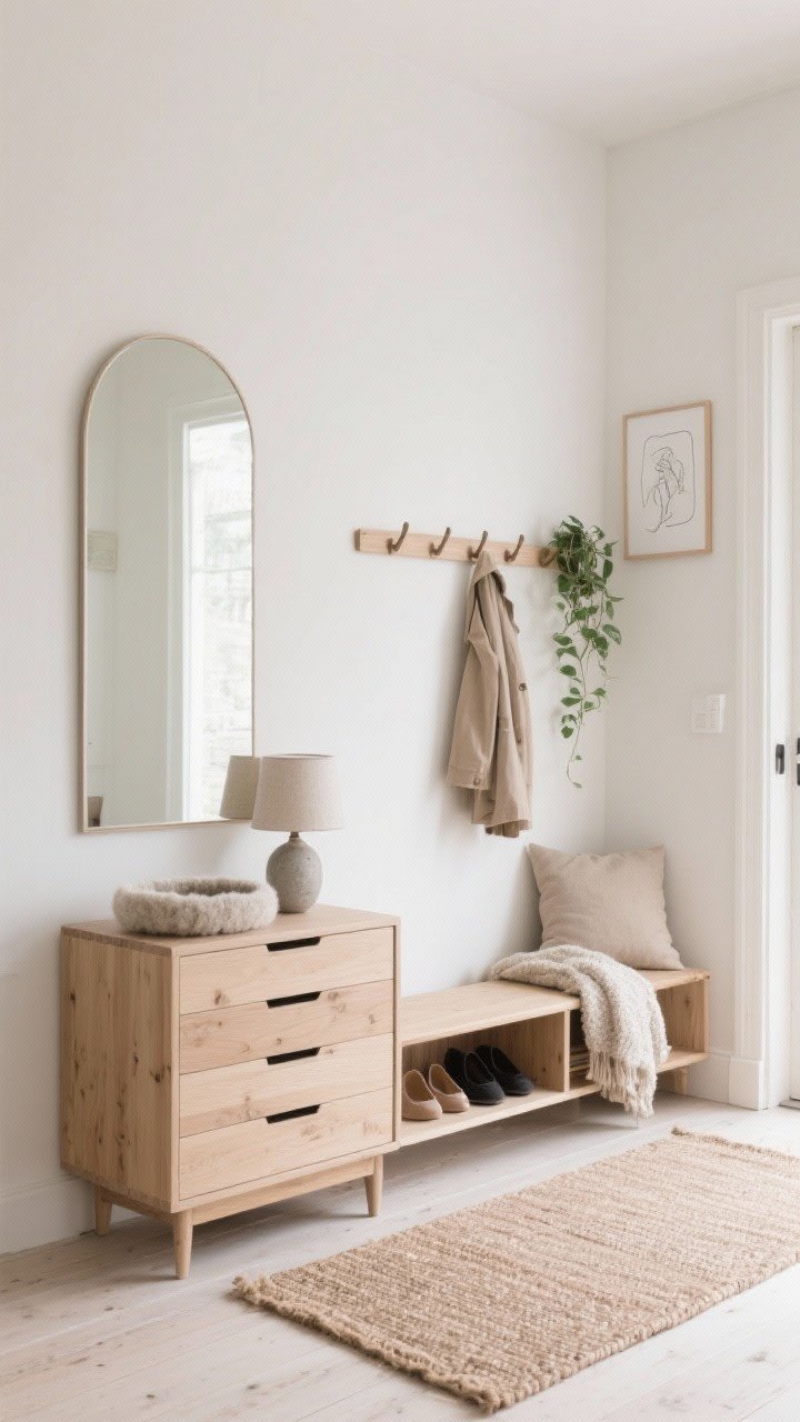 Photorealistic medium corner-angle entryway scene in Scandinavian Warmth style: warm white walls; a light ash wood shoe cabinet with shallow drawers topped with a wool felt catchall. A vertical arched mirror mounted above to elongate the space. Underfoot, a flat-woven jute runner for texture. Along the wall, a minimal peg rail with 4–5 pegs holding a single lightweight coat. Include a backless bench with hinged seat for hidden storage, styled with a neutral lumbar pillow and a folded bouclé throw. Gentle decor: a tiny framed line drawing, a small stoneware lamp with a linen shade, and a trailing pothos. Palette: cream, pale oak, blush-beige, soft charcoal. Soft, diffuse daylight. No people.
