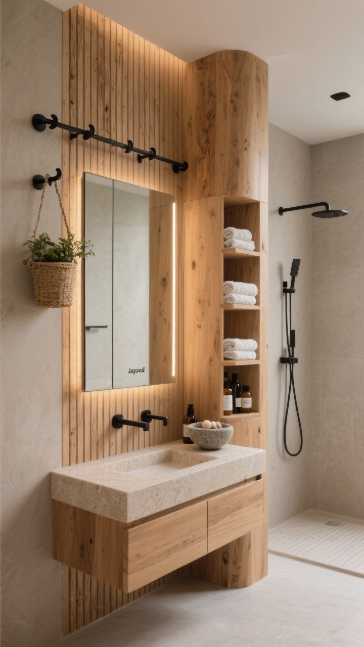Photorealistic medium shot of a “Japandi Rail System” wall showcasing vertical oak slats from vanity to ceiling with integrated matte-black peg rails holding minimalist hooks, hanging baskets, and a small hanging planter; slim wall-hung oak vanity with soft beige stone-look quartz top; tall, narrow off-center mirror cabinet going nearly full height with concealed shelves and a vertical LED strip washing the wall in warm light; stack of open oak cubbies like a calm totem with rolled towels, apothecary bottles, and a stone bowl for bath bombs; glimpse of a shower with a narrow triple-height niche column; honey oak, warm beige, soft taupe palette with matte black accents; tranquil, flush profiles, side angle, no people.