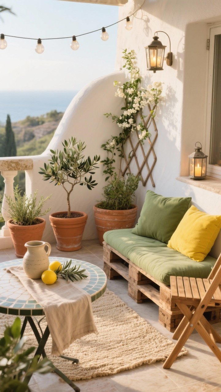 Photorealistic medium shot of a Mediterranean micro-oasis balcony, corner angle in soft morning sunlight. Textured outdoor rug in warm bone/beige under a low DIY pallet bench with foam cushion; a folding acacia chair nearby. Cushions in olive green with one lemon-yellow pillow for a sunny pop. A cluster of terracotta planters in varied sizes grouped in threes with rosemary, thyme, and a small olive tree or bay laurel; a simple trellis with climbing jasmine (or subtle faux ivy). A round mosaic bistro table holds a ceramic pitcher with fresh lemons and eucalyptus. Materials mix: stone, clay, wood. Lighting: warm candle lanterns with LED candles and a short strand of globe lights overhead. Linen-look table runner draped casually. Breezy, sun-washed ambiance, no people.
