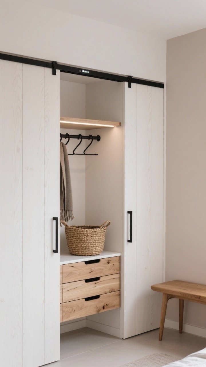 Photorealistic medium shot of a Scandi-inspired micro-closet built into a bedroom alcove with whitewashed oak panels and low-profile sliding doors; pale clay-beige wall color, soft whites and warm oak palette with matte black accents; interior shows a single top shelf, a half-height hanging bar, and a stack of slim drawers with integrated finger pulls; black powder-coated door rails and minimal black peg hooks; a motion-sensor LED strip tucked beneath the top shelf softly illuminating contents; a woven jute basket for scarves inside; just outside, a narrow Scandi bench with tapered legs; calm, airy Nordic vibe, clean lines, no bulky hardware, no people.