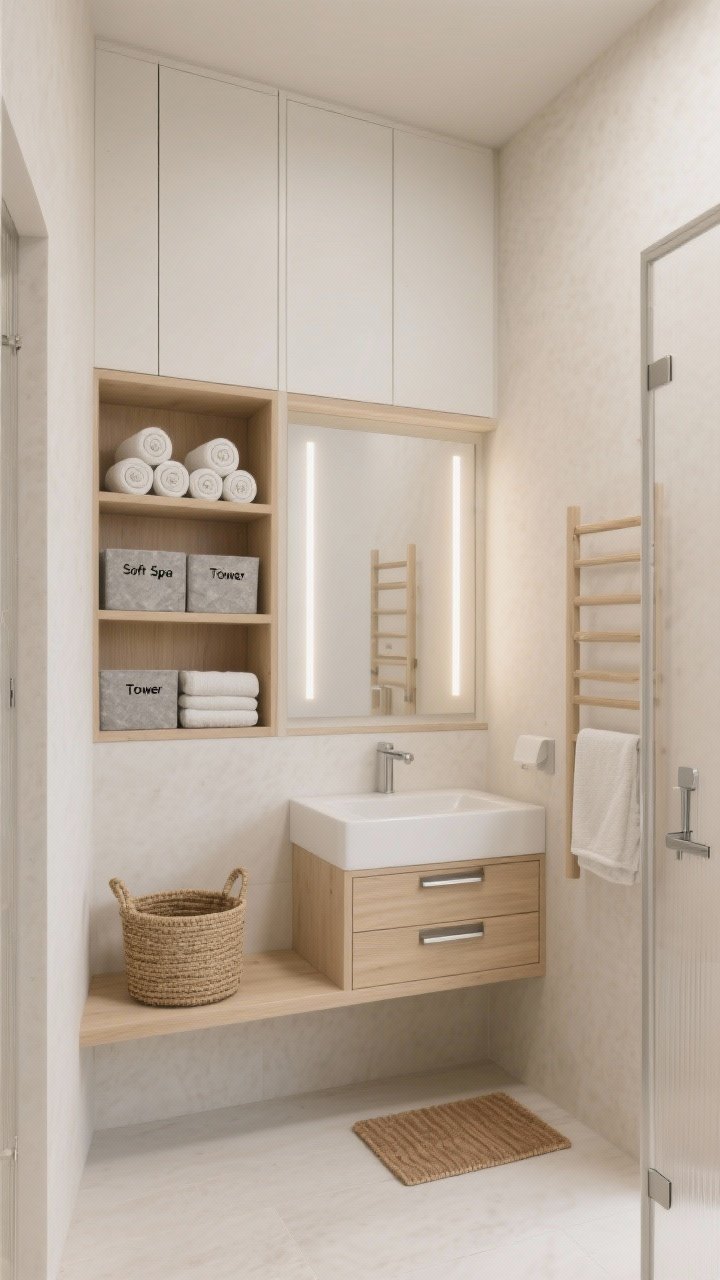 Photorealistic medium shot of a serene “Soft Spa Tower” small bathroom corner with warm alabaster matte walls and floor-to-ceiling bleached oak vertical tower cabinet; upper soft-close doors, open niche shelves at eye level with neatly stacked rolled towels and linen bins labeled in simple black text; wall-mounted minimalist vanity in pale oak with slim brushed nickel pulls, a narrow floating shelf beneath holding a natural jute basket and a teak bath mat; recessed medicine cabinet flanked by vertical LED mirrors casting soft, even glow; a slim leaning ladder rack beside the shower door for hand towels; materials palette of alabaster white, pale oak, soft gray stone, brushed nickel; calm, airy mood, straight-on angle, no people.