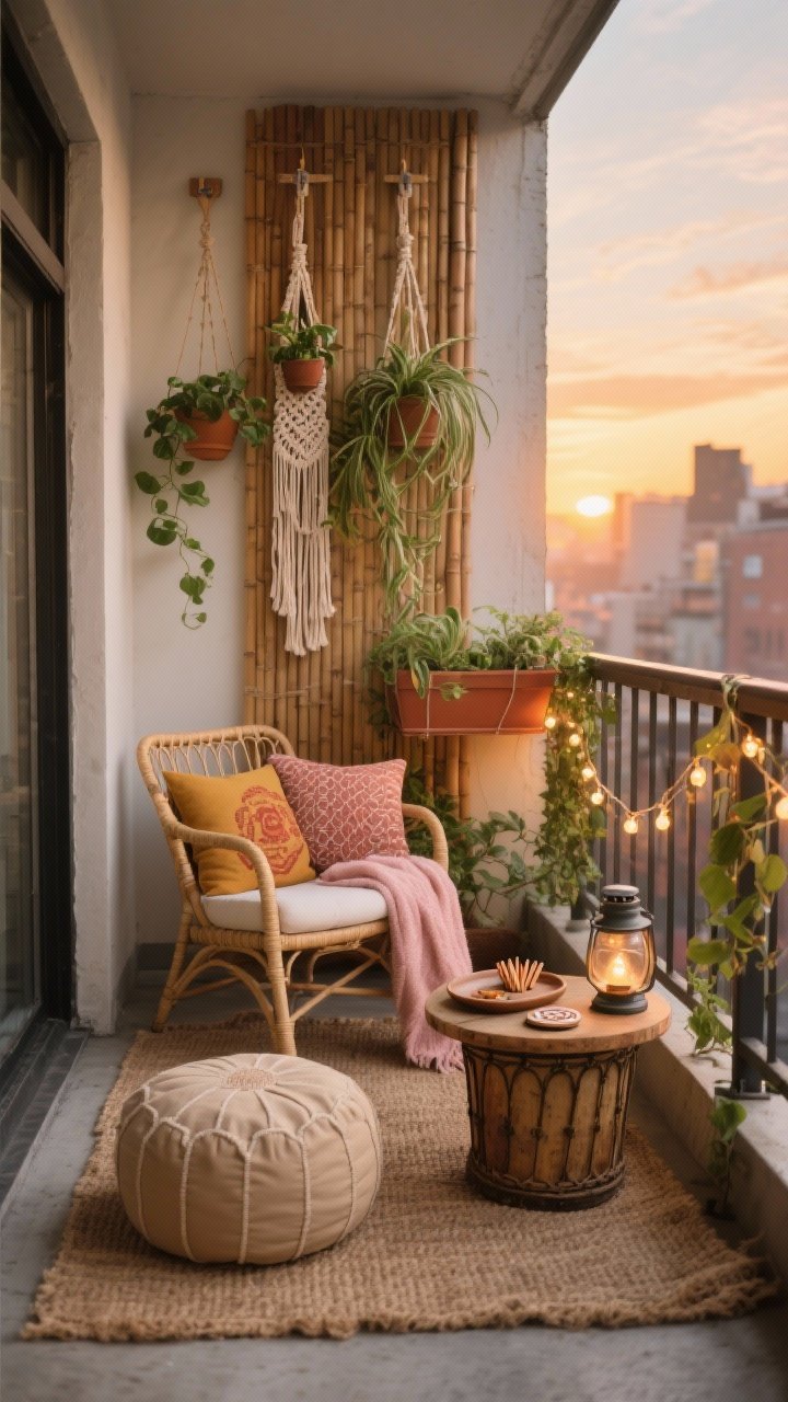 Photorealistic medium shot of a small urban balcony styled as an urban boho nook at golden hour, corner angle. Wall-to-wall natural jute rug over concrete, a compact folding rattan chair with a lightweight blush throw draped over the arm, a low floor pouf in sand, and a thrifted drum side table used as a coffee spot holding a ceramic tray with matches and coasters. Color palette: earthy sand, terracotta, olive, with sunset accents in rust, mustard, and blush woven pillows including one printed textile. Vertical elements: narrow bamboo privacy screen and a macramé plant hanger trio with pothos and spider plant, plus a clip-on planter box on the railing with trailing ivy. Warm fairy lights looped along the railing and a battery-powered lantern for depth. No people, cozy loungeable mood, sunset glow.