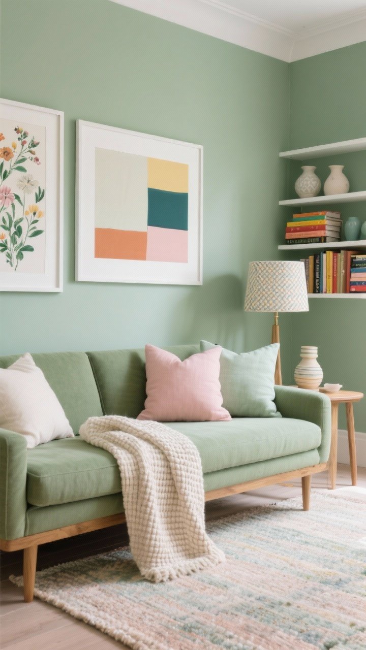Photorealistic medium shot of a sofa and adjacent wall styled with a spring color palette: hero color sage green with blush and natural wood accents on linen and cotton pillows, a lightweight waffle-weave throw draped casually; art refresh on the wall—floral print and abstract color field in white frames; bookshelf beside the sofa with stacked colorful spines and a few ceramic pieces in coordinating hues; a flatweave rug in soft muted tones; patterned lampshade with subtle stripes on a side table lamp; soft daylight, corner angle.
