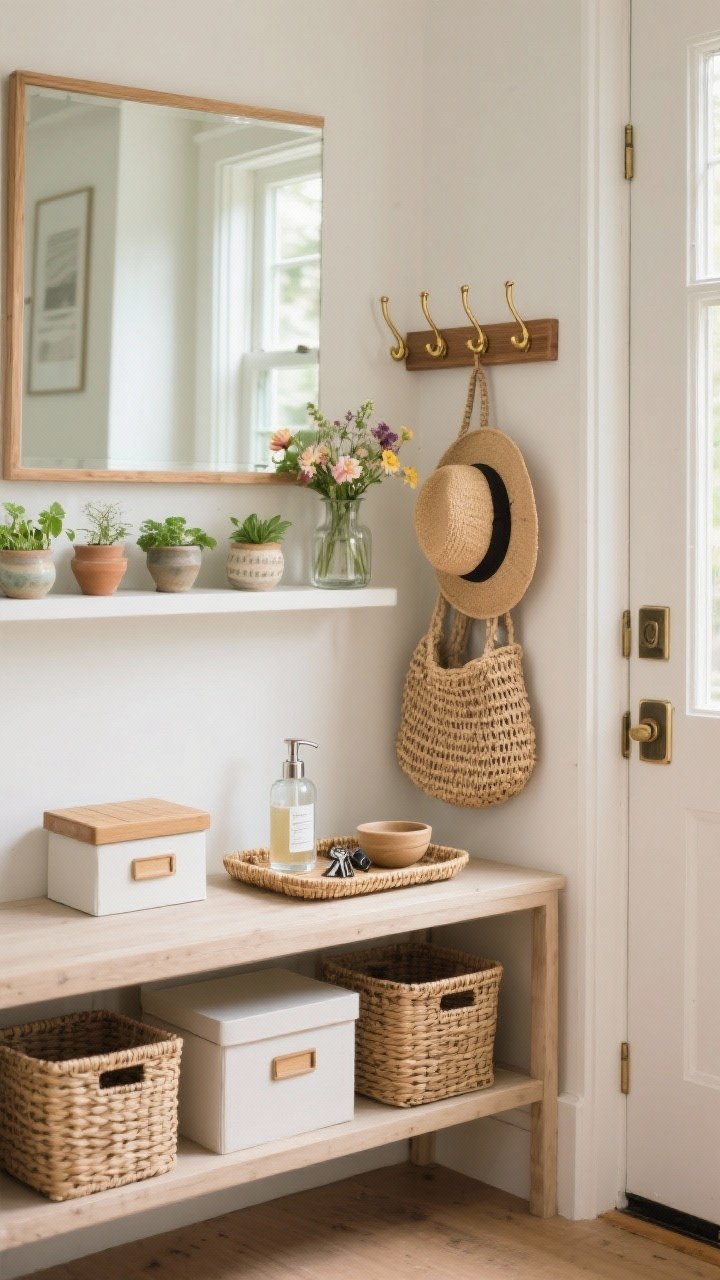 Photorealistic medium shot of an entryway micro-moment focused on stylish decluttering: a simple wood rail or row of brass peg hooks by the door holding a woven bag and hat; a console with woven baskets below, lidded boxes on a shelf, and a rattan tray corralling a glass soap-style dispenser repurposed for sanitizer, keys bowl, and small items; above, a mirror and a small vase with fresh blooms; nearby window ledge shows a short row of herbs in mismatched ceramic pots; neutral, light palette with clear glass and soft ceramics; bright natural daylight, straight-on view.