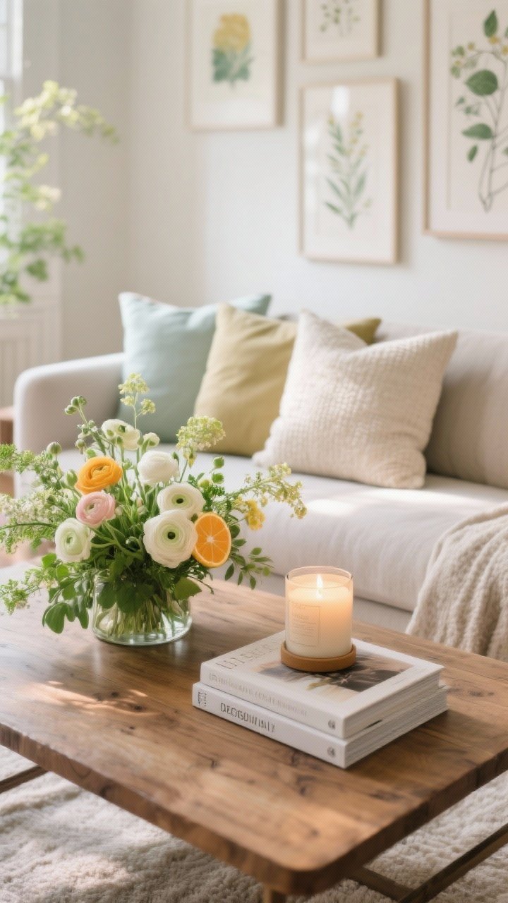 Photorealistic overhead detail shot of a spring-styled coffee table in a lived-in living room: low floral arrangement (ranunculus and greenery), a citrus-scented candle, and two design books arranged on a natural wood surface; in frame edge, the sofa shows three to five pillows in a spring palette with varied textures (linen, light bouclé); soft, diffused morning light; in the distant background blur, a gallery wall with lighter, brighter art and botanical sketches; clean, fresh mood.