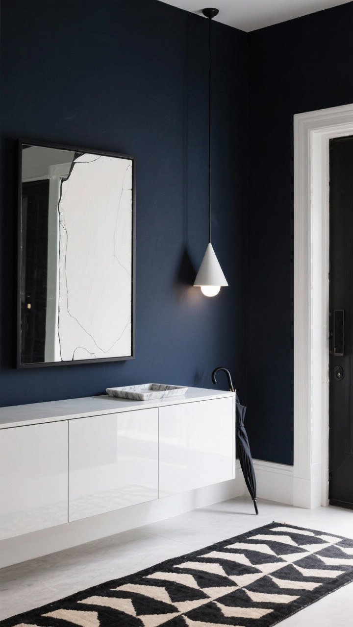 Photorealistic straight-on medium shot of a Bold Monochrome entryway: deep charcoal or moody navy walls with a glossy white, handleless floating cabinet mounted at hip height. Above or adjacent, a large abstract print with ample white space. A black-framed full-length mirror leaning securely to reflect light. On the floor, a graphic geometric runner in black and cream. Lighting from a single sculptural wall sconce (orb or cone) creating a gallery-like glow. Accessories are minimal: a small marble tray on the cabinet and a slim black metal umbrella cylinder on the floor. Palette: charcoal/ink blue, crisp white, matte black accents. High contrast, sleek, zero clutter. No people.