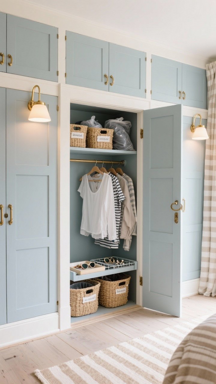 Photorealistic straight-on medium shot of a shallow built-in armoire with Shaker doors painted in soft misty blue-gray, warm white trim, and aged brass pulls; slim brass picture lights mounted above the doors glowing in the evening; inside visible through one open door: a short hanging section for tops, pull-out wire baskets for tees, and a pull-out accessory tray for sunglasses and jewelry; top shelf with seagrass bins labeled and holding vacuum-bagged off-season clothes; pale oak or whitewashed plank flooring; nearby textiles include striped cotton basket liners and a light linen curtain; a sand-and-ivory striped runner grounding the vignette; coastal, breezy, no people.