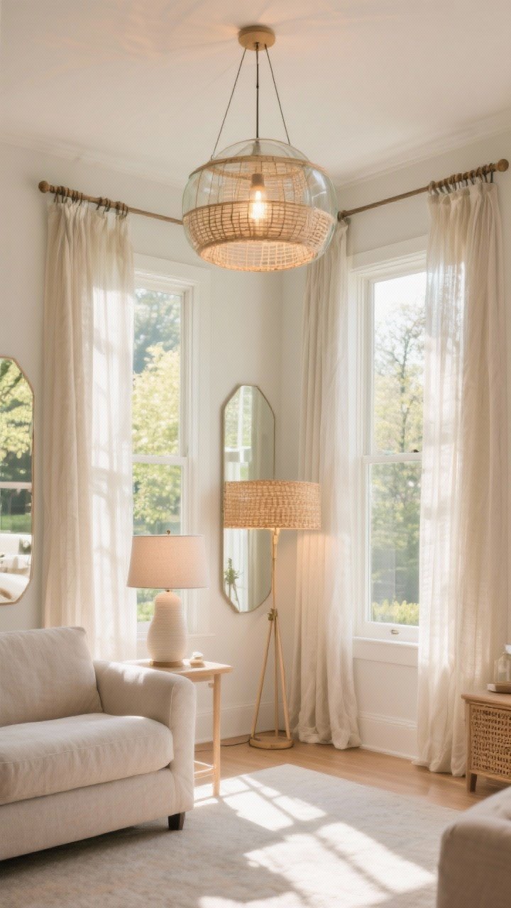 Photorealistic wide living room shot capturing abundant spring light: large cleaned windows with breezy sheer panels layered behind lightweight linen drapes on double rods; mirrors angled opposite the windows to bounce sunlight deeper into the room; a glass or woven rattan pendant overhead, warm soft-white LED bulbs (2700–3000K), and a mix of lighting layers—overhead pendant, a linen-shaded table lamp, and a slim floor lamp with a rattan shade; light, airy palette with minimal sill clutter; early afternoon natural light streaming in, bright and fresh mood, straight-on perspective.