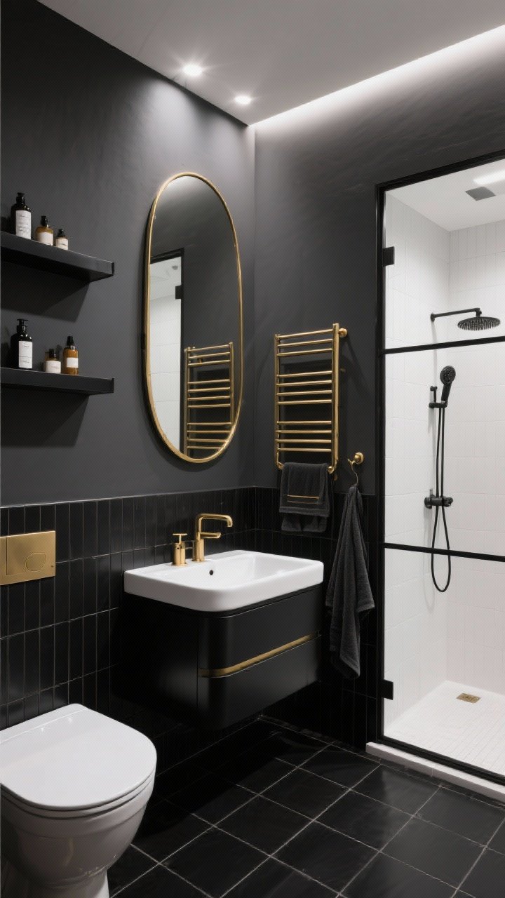 Photorealistic wide shot of a bold “Black & Brass City Stack” bathroom with charcoal walls and black hex tile floor; over-the-toilet tight column of three matte black metal ledge shelves with small lips holding grooming bottles; glossy black floating vanity with integrated white sink; tall pill-shaped mirror with brass trim stretching almost to the ceiling; vertical brushed-brass towel warmer with five bars as sculptural accent; shower visible with tall divided niche framed in thin black mullion-like lines organizing products by height; behind-the-door matte black rack with hooks for robes and a hair dryer caddy; crisp white accents, warm brass hardware, graphic lines drawing the eye upward; moody directional lighting, corner angle, no people.