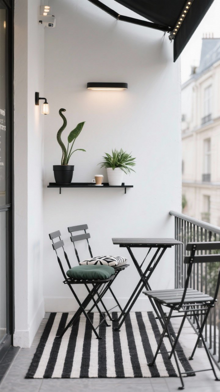 Photorealistic wide shot of a minimalist café corner balcony, straight-on view. Slim foldable bistro set in matte black aligned along the wall on top of a black-and-white striped outdoor rug. Palette is disciplined: white, black, soft gray with a single accent of sage; two sleek weather-resistant seat pads and one graphic cushion. A slim wall-mounted shelf serves as a latte bar with a single monochrome pot holding a tall snake plant, plus a small ZZ plant nearby. Lighting is restrained: a single modern battery-operated sconce on the wall and a clean line of micro-LEDs tucked under the rail. Optional fold-down wall table folded away. Calm, crisp, Parisian café vibe, no people.