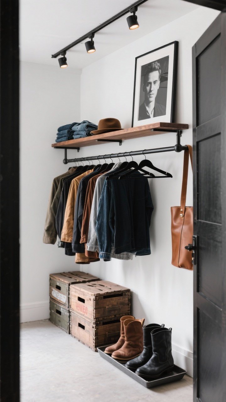 Photorealistic wide shot of an open-rail industrial closet in a studio living space: a blackened steel clothing rail spanning wall-to-wall with a warm walnut shelf above for hats and folded denim; stacked vintage crates below holding boots, plus a low-profile shoe tray; crisp white walls with a bold black-and-white art print hung above the shelf; track lights washing the rail with soft light; matching slim velvet hangers with clothes organized by color; a cognac leather valet hook near the rail; palette of black steel, walnut, white, and cognac accents; boutique-like, confident, no doors, no people.