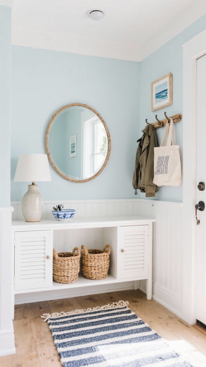 Photorealistic wide, slightly elevated angle of a Coastal Clean entryway: crisp white or soft fog-blue walls; a white beadboard console with louvered doors for hidden storage. On the lower shelf, two woven rattan baskets. A rope-framed round mirror centered above the console. Floor features a striped flatweave runner in navy and cream; lighting is bright natural daylight. On the console, a ceramic jug lamp with a tapered shade and a blue-and-white bowl for keys; to the side, a small framed seascape. A driftwood-tone wall hook bar with exactly three items: today’s bag, a lightweight jacket, and a canvas tote. Washable indoor/outdoor rug texture visible. Airy, breezy, sand-friendly mood. No people.