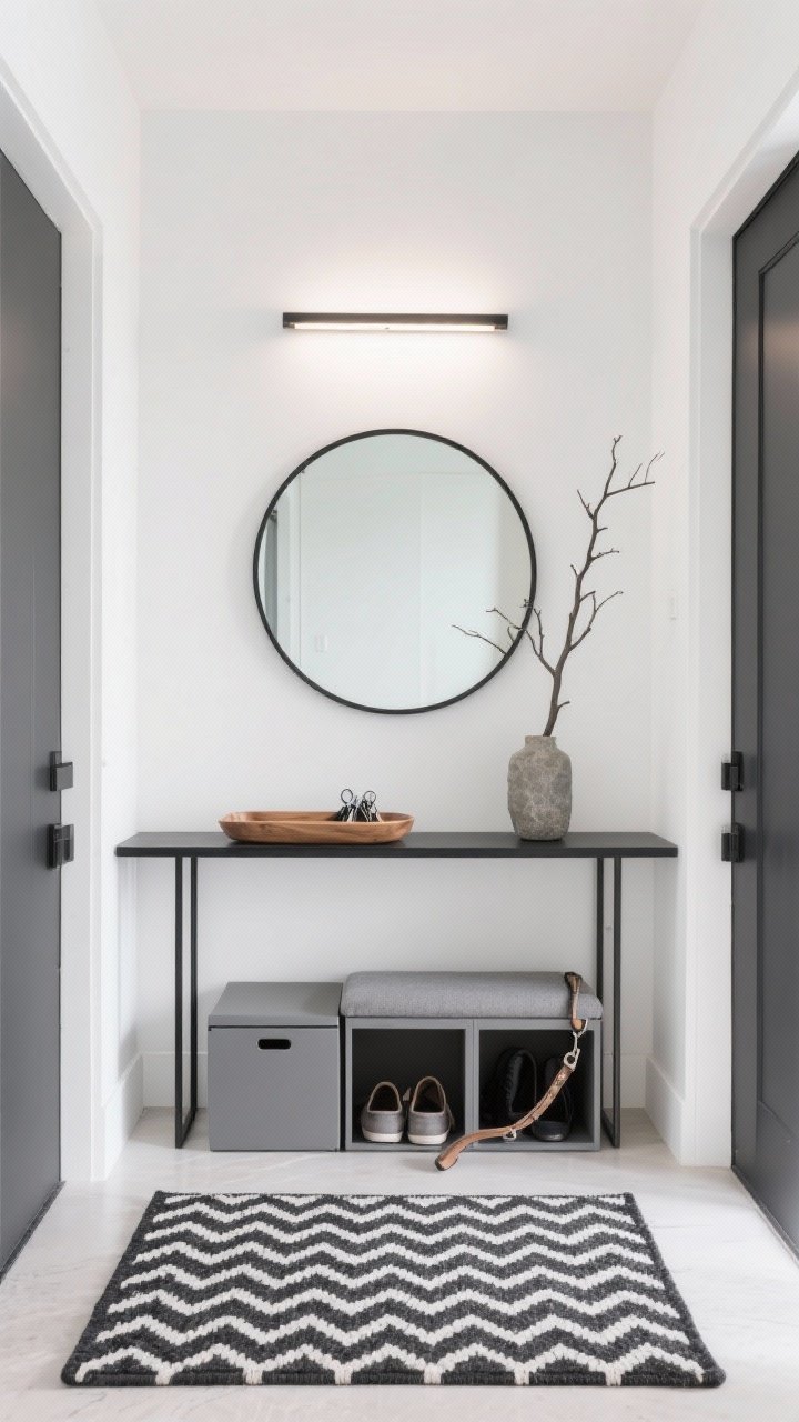 Photorealistic wide, straight-on entryway shot capturing a Modern Minimalist look: bone white walls, a slim black metal console with a barely-there profile, a shallow natural oak tray for keys, a single round mirror with a matte black frame above. On the floor, a low-pile black-and-white herringbone runner; beneath the console, closed storage cubes or a lidded bench for shoes and leashes. Lighting is a slim linear sconce above the mirror casting a soft, even glow. Decor is minimal: one architectural branch in a stone vase. Palette: bone white, matte black, natural oak, whisper gray. Clean lines, negative space, uncluttered, calm mood. No people.