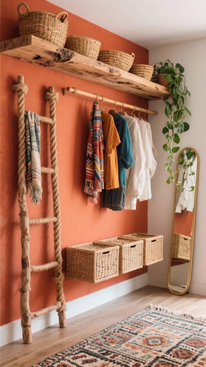Photorealistic wide vertical wall shot of a modular boho closet installation: a wall-mounted ladder for scarves, a hanging rod suspended from the ceiling with hemp rope, and three floating rattan-front drawers; above, a long live-edge wood shelf with mix-and-match baskets that echo the rattan; bold terracotta accent wall backdrop making clothing colors pop; a hanging pothos cascading near the rope rod; flooring anchored by a patterned flatweave rug; a slim tilting brass mirror nearby; palette of terracotta, natural wood, rattan, and cream textiles; playful, personal, highly functional, no people.