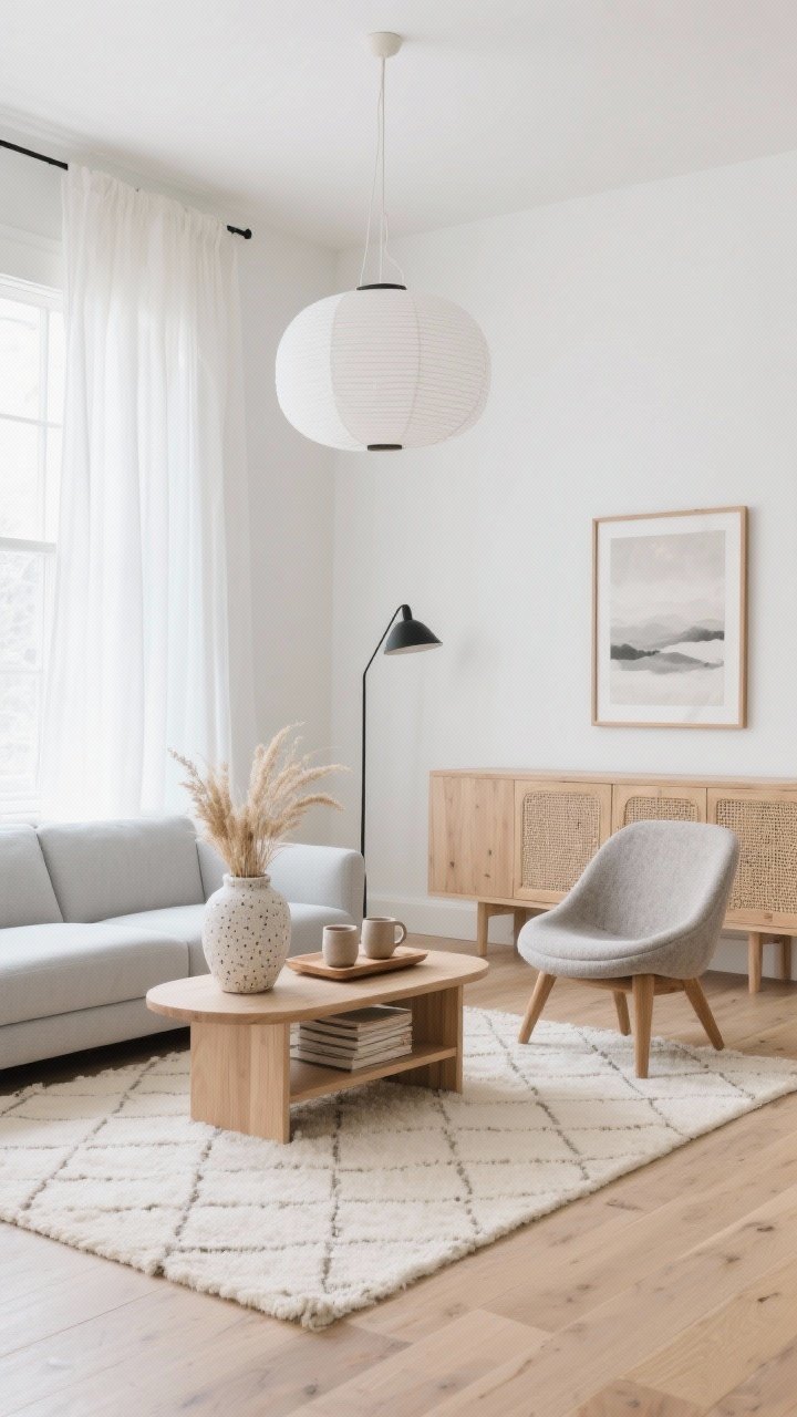 Wide, airy Scandinavian Farmhouse minimal living room: soft white walls, pale wide-plank wood floors, sheer off-white curtains diffusing daylight. Centered low pale gray sectional with clean lines, slim oak coffee table with rounded edges and single shelf holding neat stacks. Cream Moroccan-style rug with faint tonal diamond pattern softens geometry. To one side, sculptural accent chair in stone-colored felt; opposite, light oak sideboard with caned doors. Lighting: white linen drum pendant overhead and slender black floor lamp. Sparse tactile decor: speckled ceramic vase with dried grasses, two hand-thrown mugs on a wood tray, abstract neutral art print in a thin oak frame. Neutrals of cloud, chalk, oat, pale ash; photorealistic, straight-on composition.
