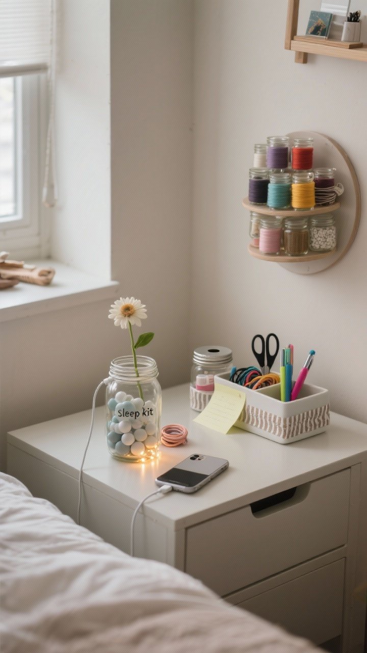 Wide bedroom-and-office hybrid nook, corner angle: a serene nightstand scene with a small mason jar “sleep kit” (earplugs, lip balm, hair ties), a jar filled with opaque marbles and a micro-LED strand emitting a low warm glow, and a tiny jar with a single short flower stem; nearby desk surface organized with a shallow tray holding jars for pens, highlighters, and scissors, bases wrapped with coordinated washi tape; one lid drilled to feed a charging cable with a phone resting on top, excess cord coiled neatly inside the jar; a short, wide jar holding sticky notes; in the background, a craft corner with a lazy Susan caddy of glued-on jars and a color-sorted thread tower; calm, clutter-free vibe with soft natural daylight and muted neutrals.
