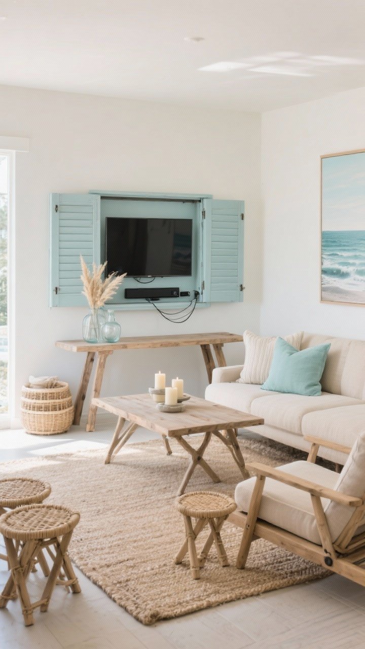 Wide coastal calm living room, straight-on view washed in natural light: sea-glass blues, creamy beige, and driftwood tones. Center a fold-down media cabinet with louvered doors—open to reveal TV, soundbar, and tidy cable management. In front, a folding console table with trestle legs partly expanded, set with ocean-scented candles. Include a modular foldable lounge chair set in sandy upholstery rearranged as a chaise, and nesting folding rattan stools used as side tables, some stashed under the console. Style with linen throw pillows in soft aqua, a jute rug, clear glass vases with dried sea grass, and a large breezy coastal print. Soothing, airy mood; photorealistic.