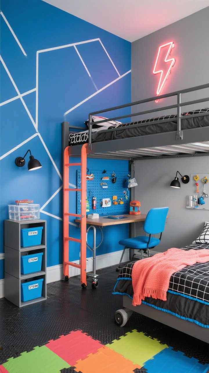 Wide dynamic angle of an experimental kids’ “lab” bedroom: one feature wall with a cobalt blue color wash overlaid with thin white geometric decal lines, while the other walls are soft graphite gray. A matte graphite metal loft bed with a neon coral ladder; beneath it, a rolling cobalt desk and a pegboard workstation with modular hooks. Graphite bedding with crisp cobalt piping, a neon coral throw, and a black-and-white micro-grid sheet set. Storage includes stackable graphite cubes with cobalt bins, clear labeled drawers for STEM kits, and a magnetic wall strip displaying small inventions. A rubber-backed play mat with bold color blocks on the floor. Adjustable arm sconces in matte black and a neon-style LED sign (lightning bolt) glowing on the wall. Energetic, modern, photorealistic.