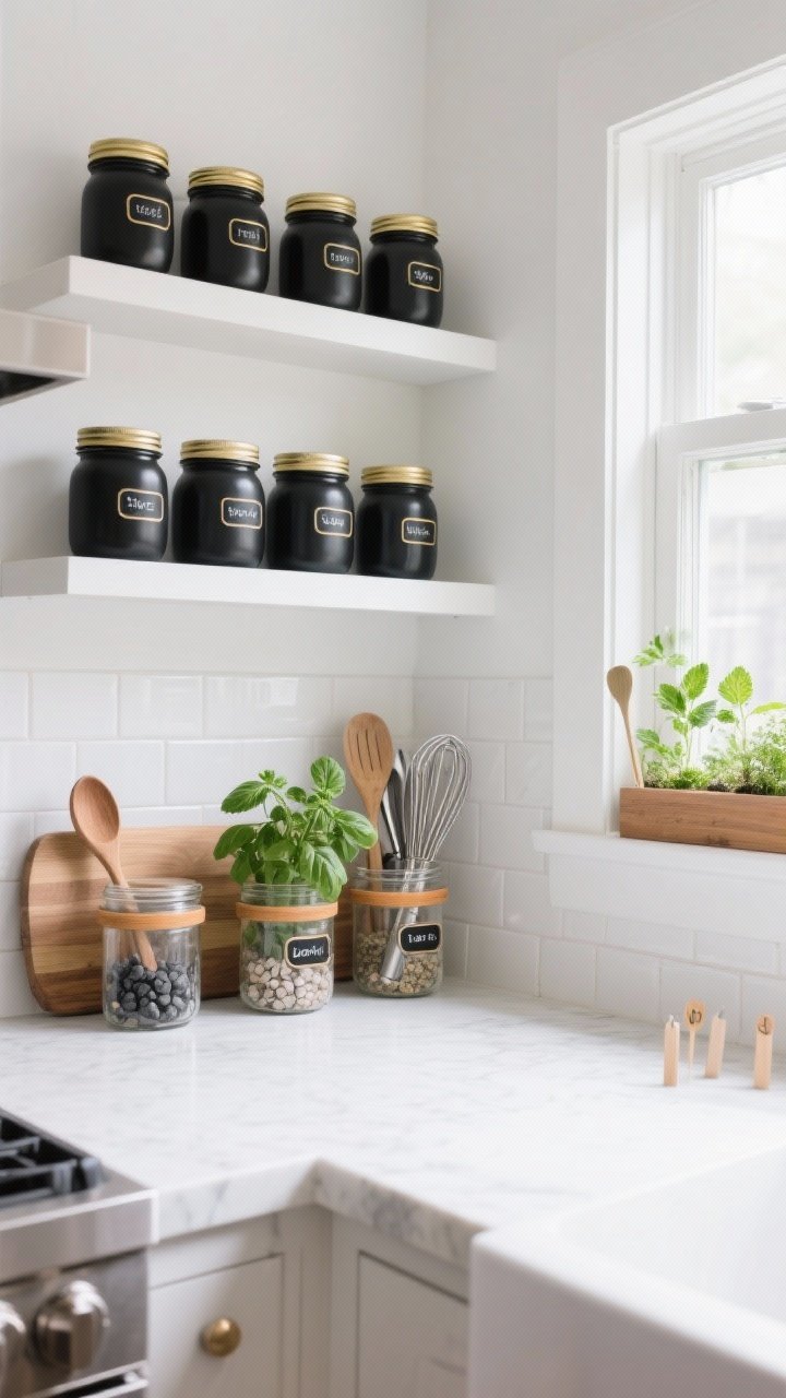 Wide kitchen counter and open-shelf scene, corner angle: a bright, airy kitchen with a row of matching mason jars on open shelves—uniform lids spray-painted matte black and brass; clean, minimalist waterproof labels; jars arranged on a tiered riser so shorter spice jars are visible; on the windowsill, a countertop herb garden of basil, parsley, and mint in jars with pebble drainage layer and a few charcoal bits visible; mini wooden spoon label stakes with plant names; a cohesive utensil station on a wooden board with three wide-mouth jars holding wooden spoons, metal tools, and whisks; subtle painted color bands on jars matching a soft white subway tile backsplash; daylight streaming in, crisp photorealism, organized and chic.