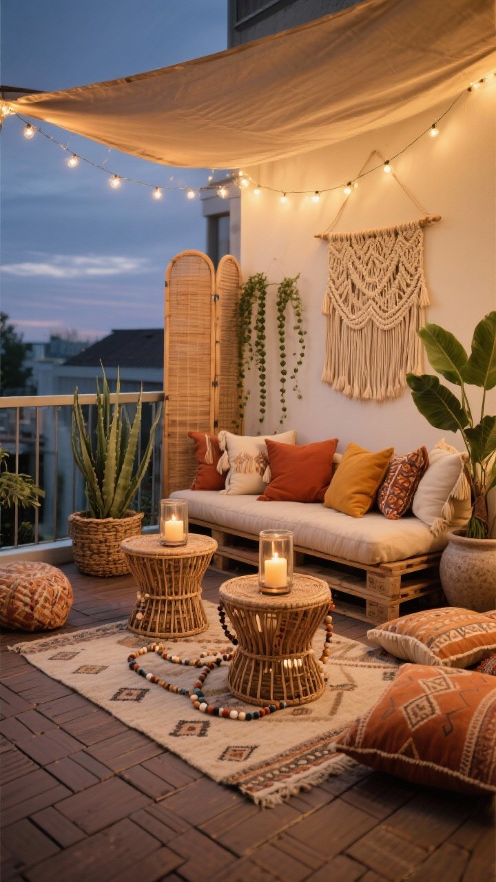 Wide, low-perspective shot of a “Boho Lounge Retreat” balcony at evening: interlocking deck tiles topped with a neutral kilim-style outdoor rug; floor-level seating created from a compact pallet-style daybed with thick cushion and scattered floor cushions. Mix-and-match pillows in terracotta, rust, ochre, and cream with tassels and subtle patterns; two rattan drum tables holding a bead garland and flameless pillar candles in glass hurricanes. On the wall, a woven wall panel or weather-safe macramé; plants like aloe, string of pearls, and a rubber plant in woven baskets and textured ceramic pots. A canopy of string lights draped from wall to railing and a foldable bamboo privacy screen. Warm earth-tone palette, cozy layered textures, photorealistic boho ambiance.